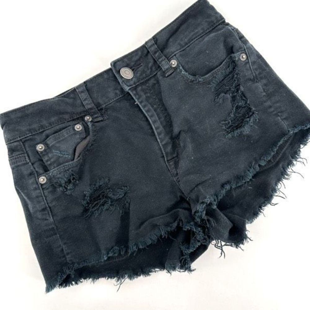 American Eagle Black Distressed Cut Off Hi Rise Festival Stretch Shorts Size 4